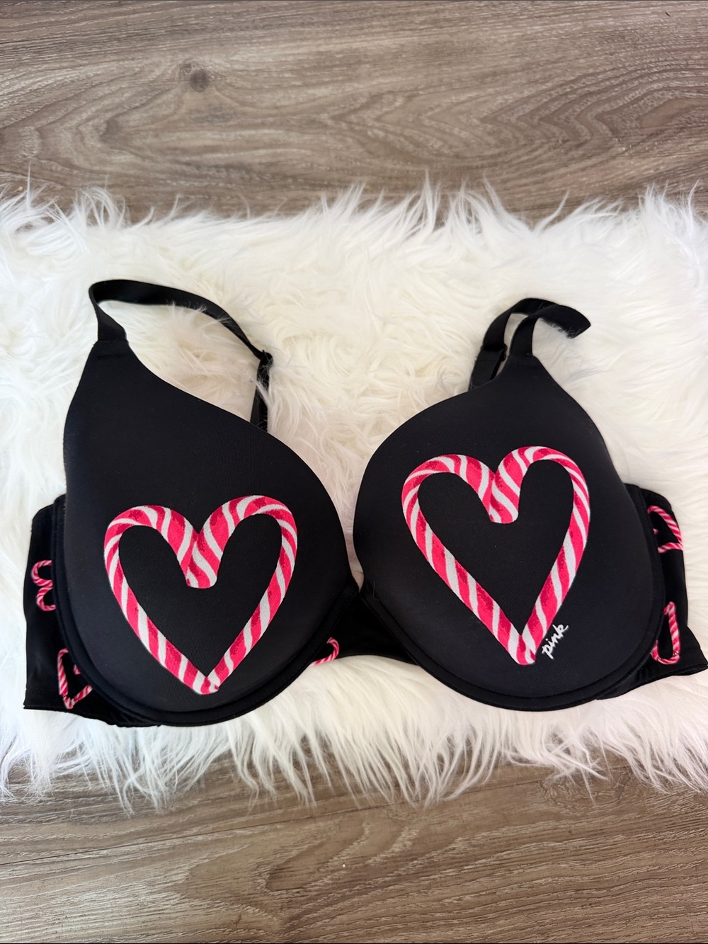 Victoria Secret Black Push-Up Bra with Pink Candy Cane Heart Detail Holiday Bra